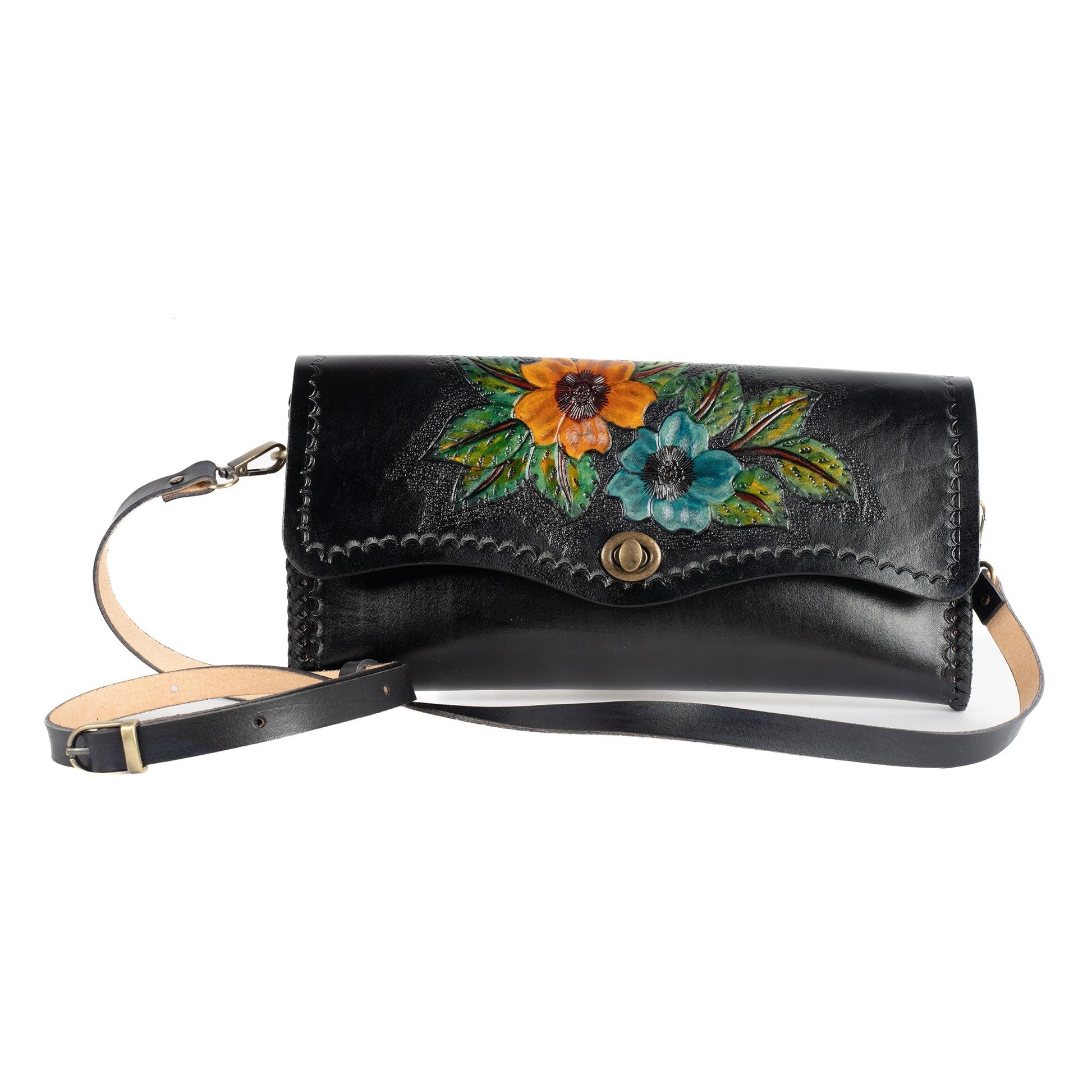 Black Leather Carved & Crafted Hand Bags Two Roses