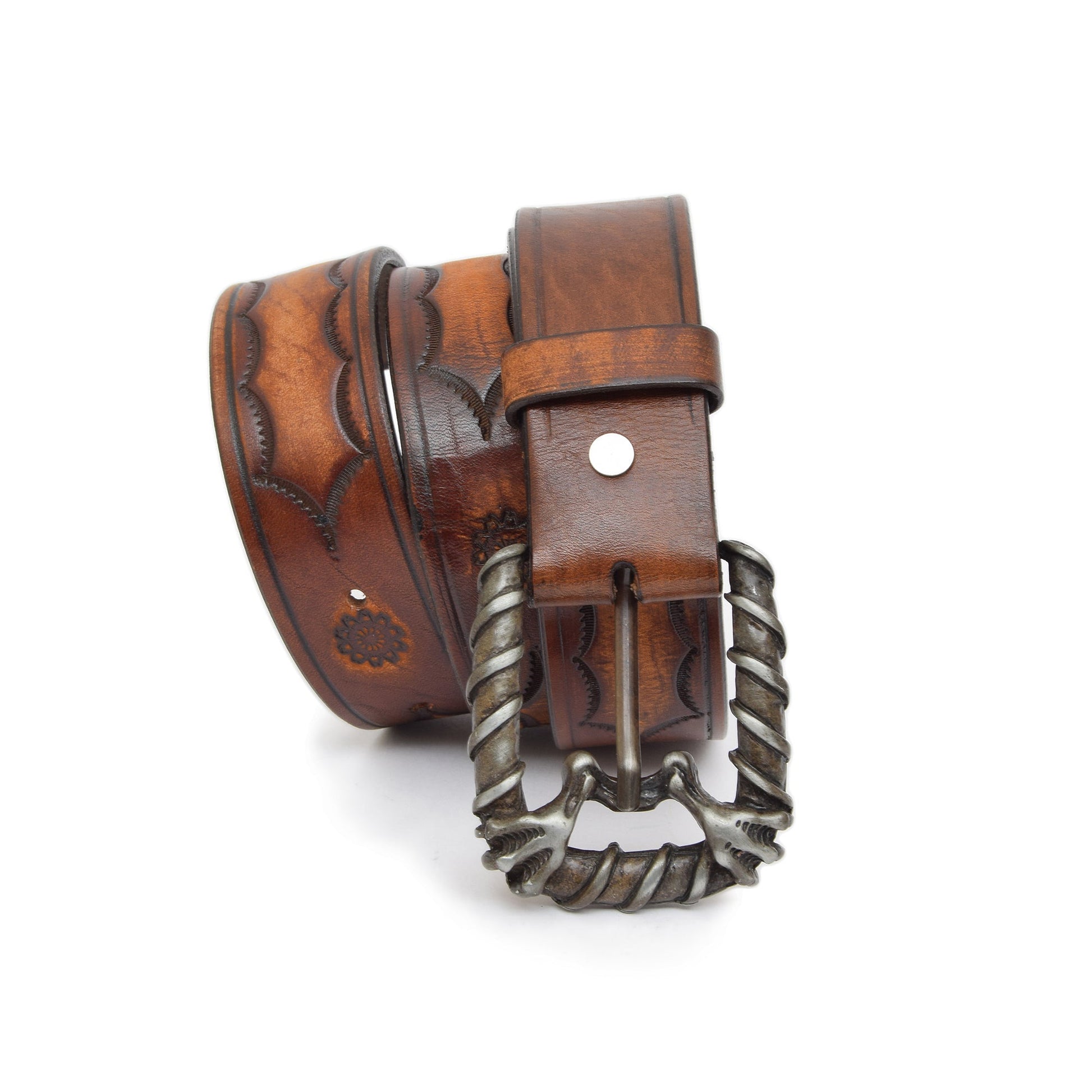 Chestnut Brown Carved & Crafted Leather Belt with Changeable Buckle Creed