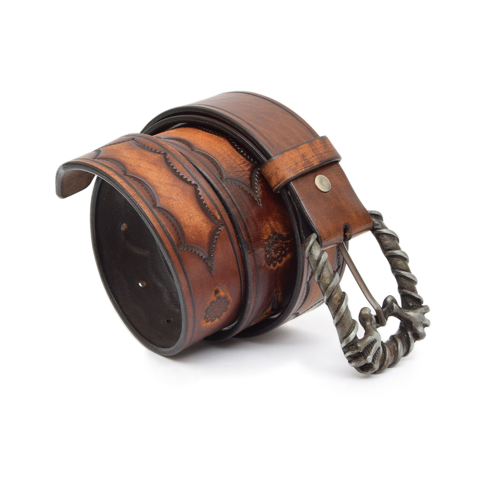 Chestnut Brown Carved & Crafted Leather Belt with Changeable Buckle Creed