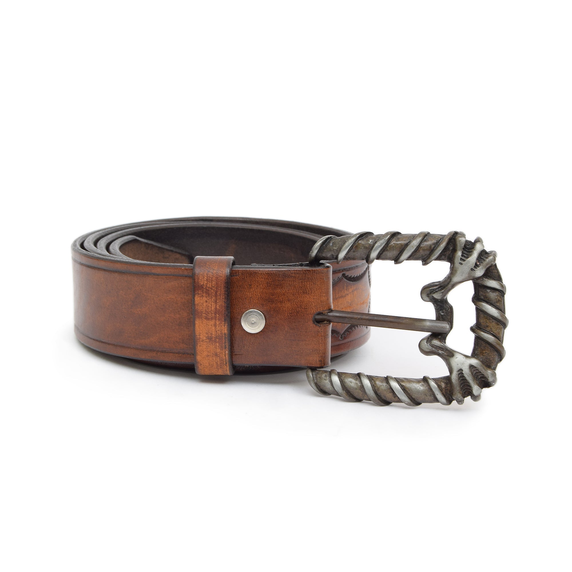 Chestnut Brown Carved & Crafted Leather Belt with Changeable Buckle Creed