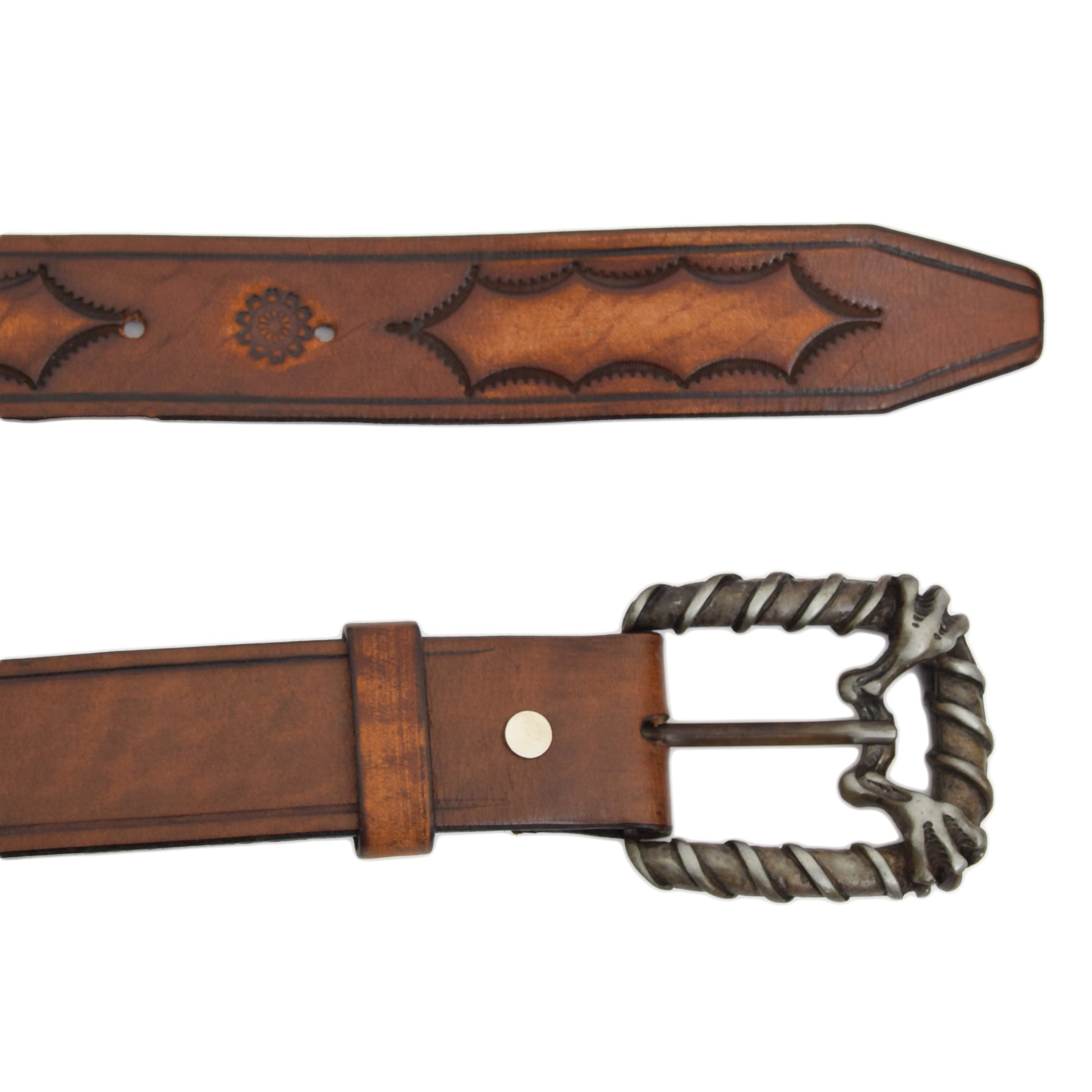 Chestnut Brown Carved & Crafted Leather Belt with Changeable Buckle Creed