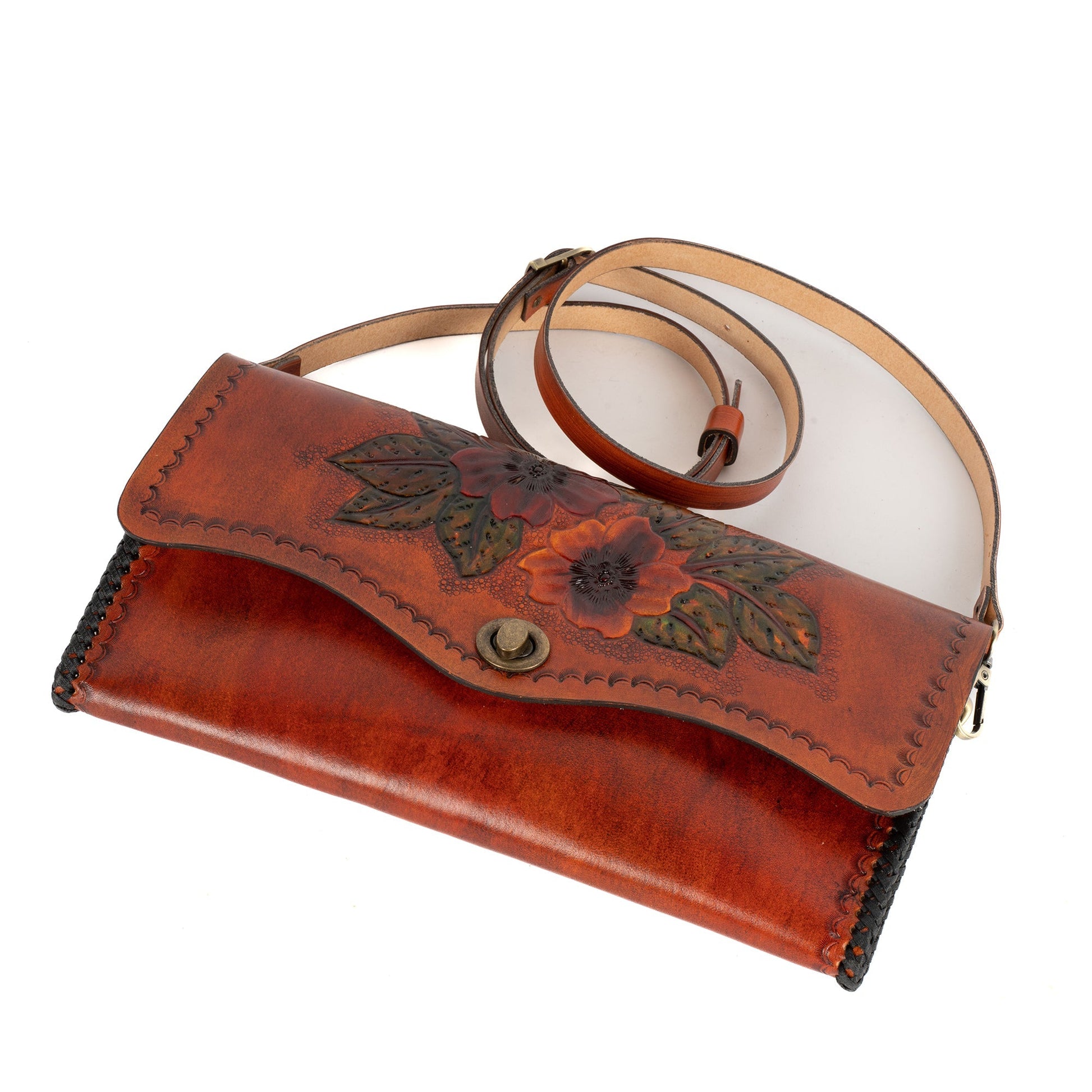 Chestnut Brown Leather Carved & Crafted Hand Bags Perge