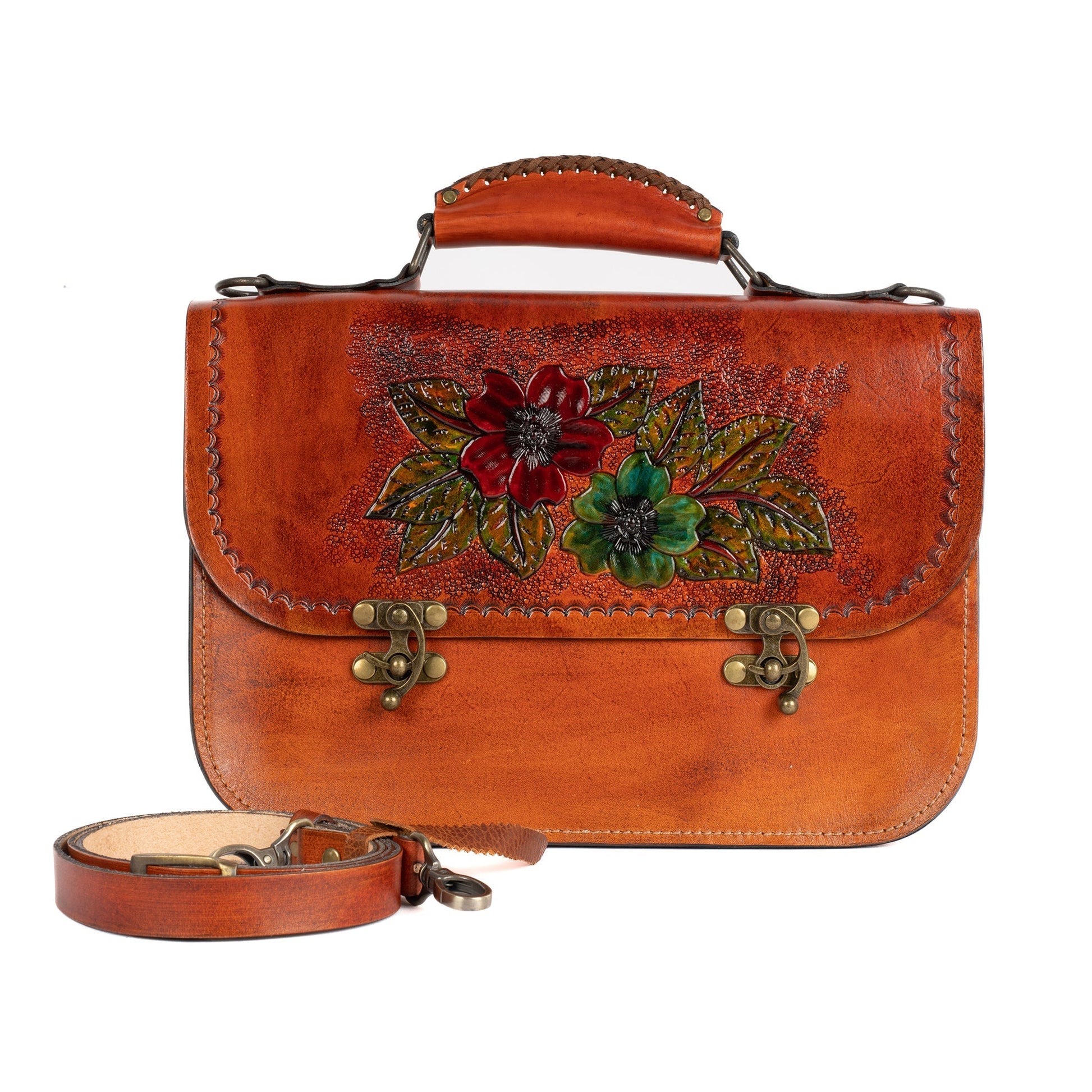 Chestnut Brown Leather Carved & Crafted Hand Bags Two Flowers