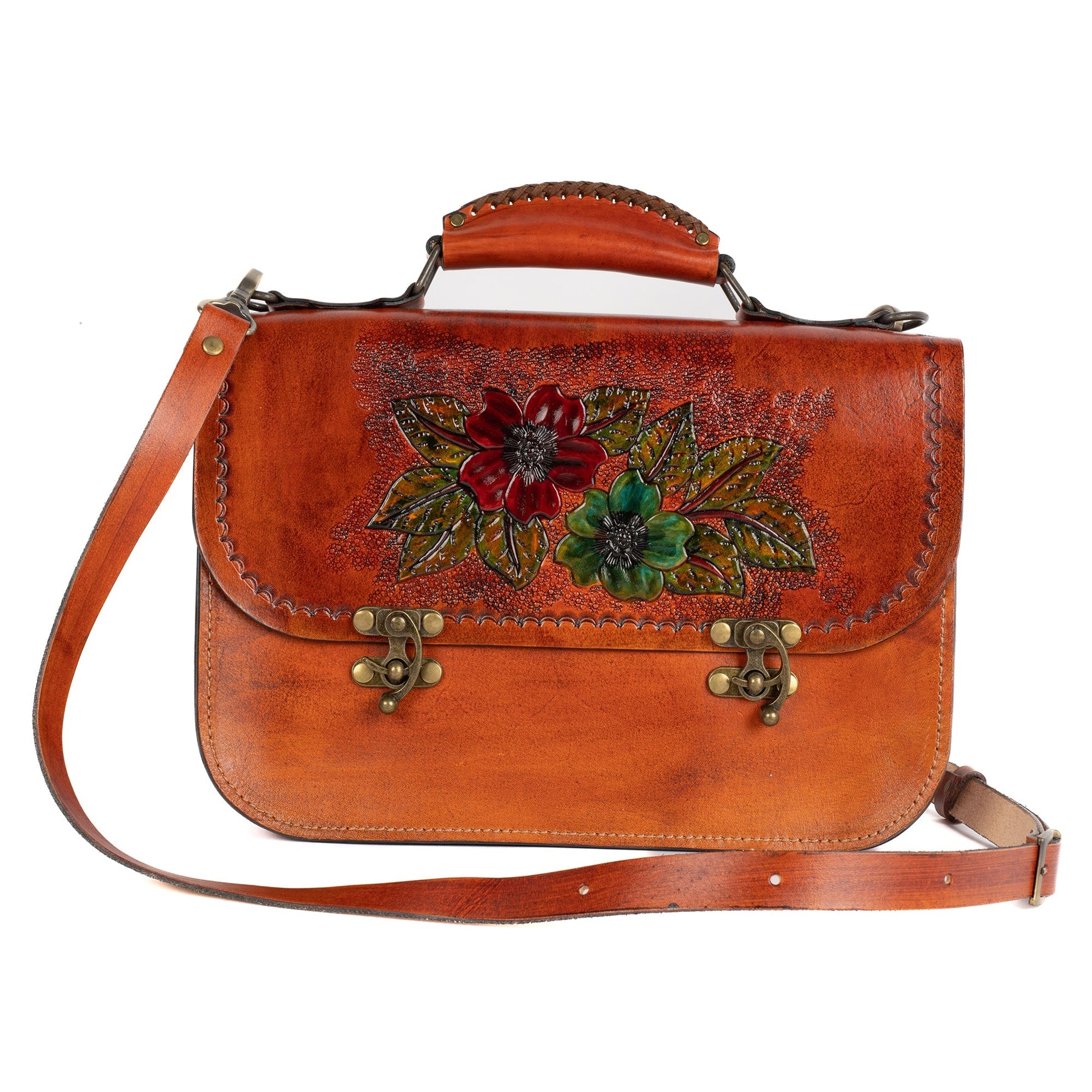 Chestnut Brown Leather Carved & Crafted Hand Bags Two Flowers