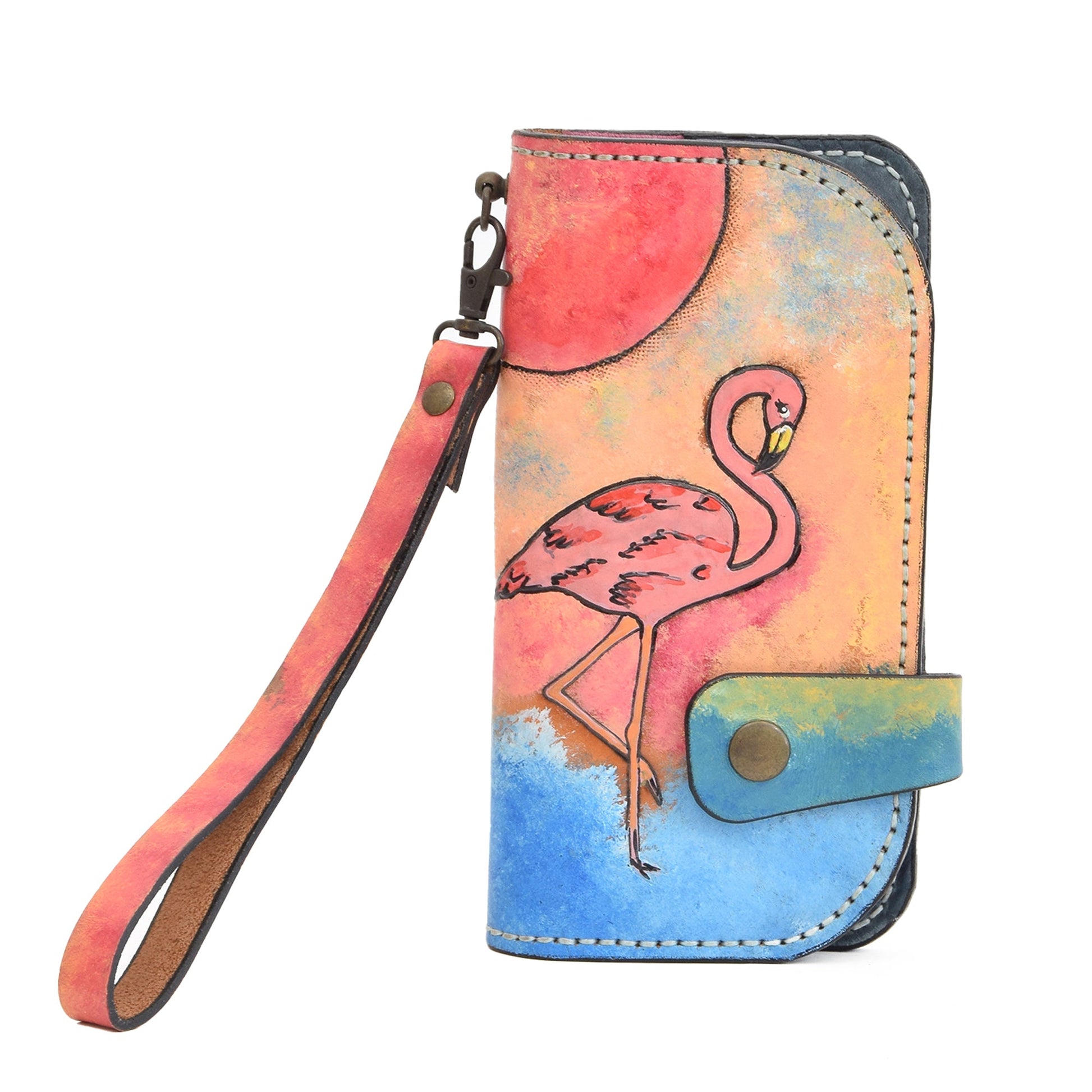 Colorfull Leather Carved & Crafted Wallet Flamingo