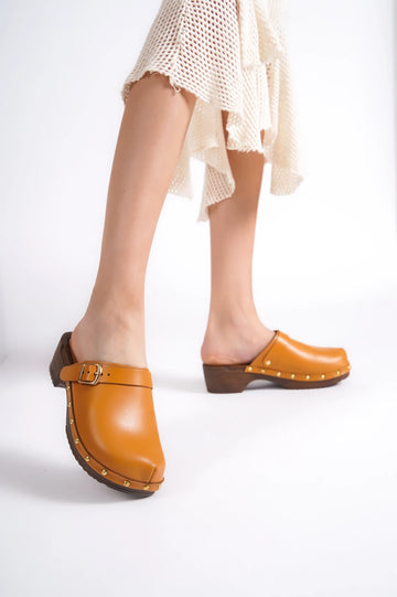 Relax Tan Leather Women's Clog Slippers