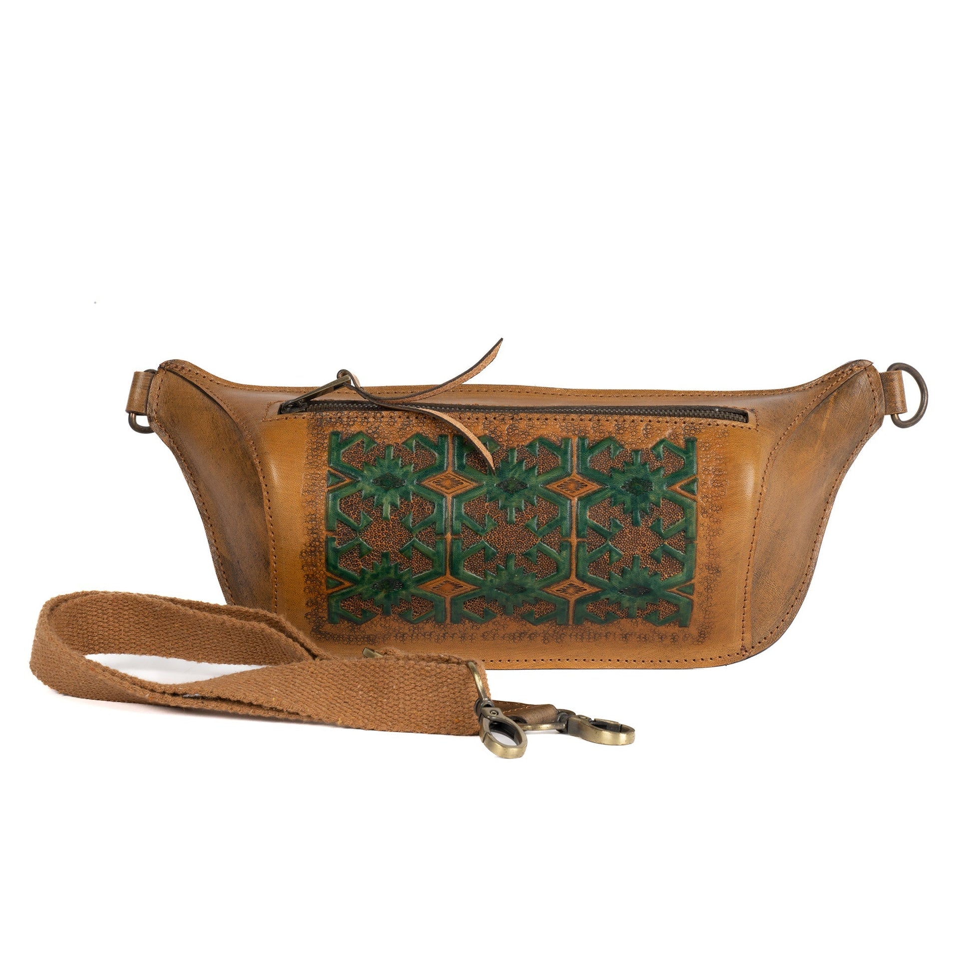 Tan Leather Carved & Crafted Waist Hand Bags Hatti