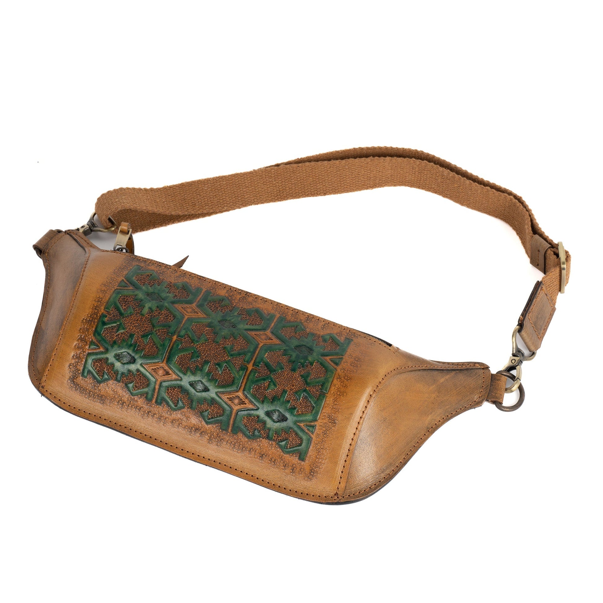 Tan Leather Carved & Crafted Waist Hand Bags Hatti