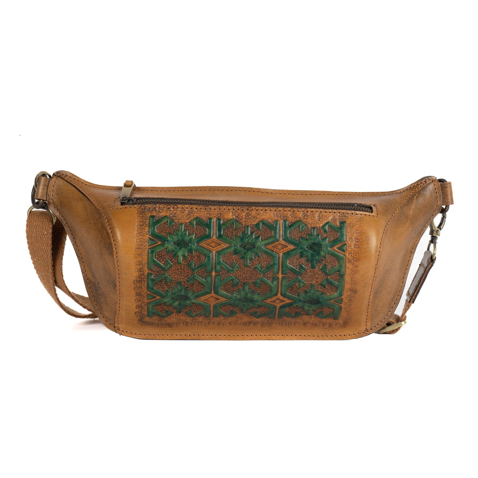 Tan Leather Carved & Crafted Waist Hand Bags Hatti