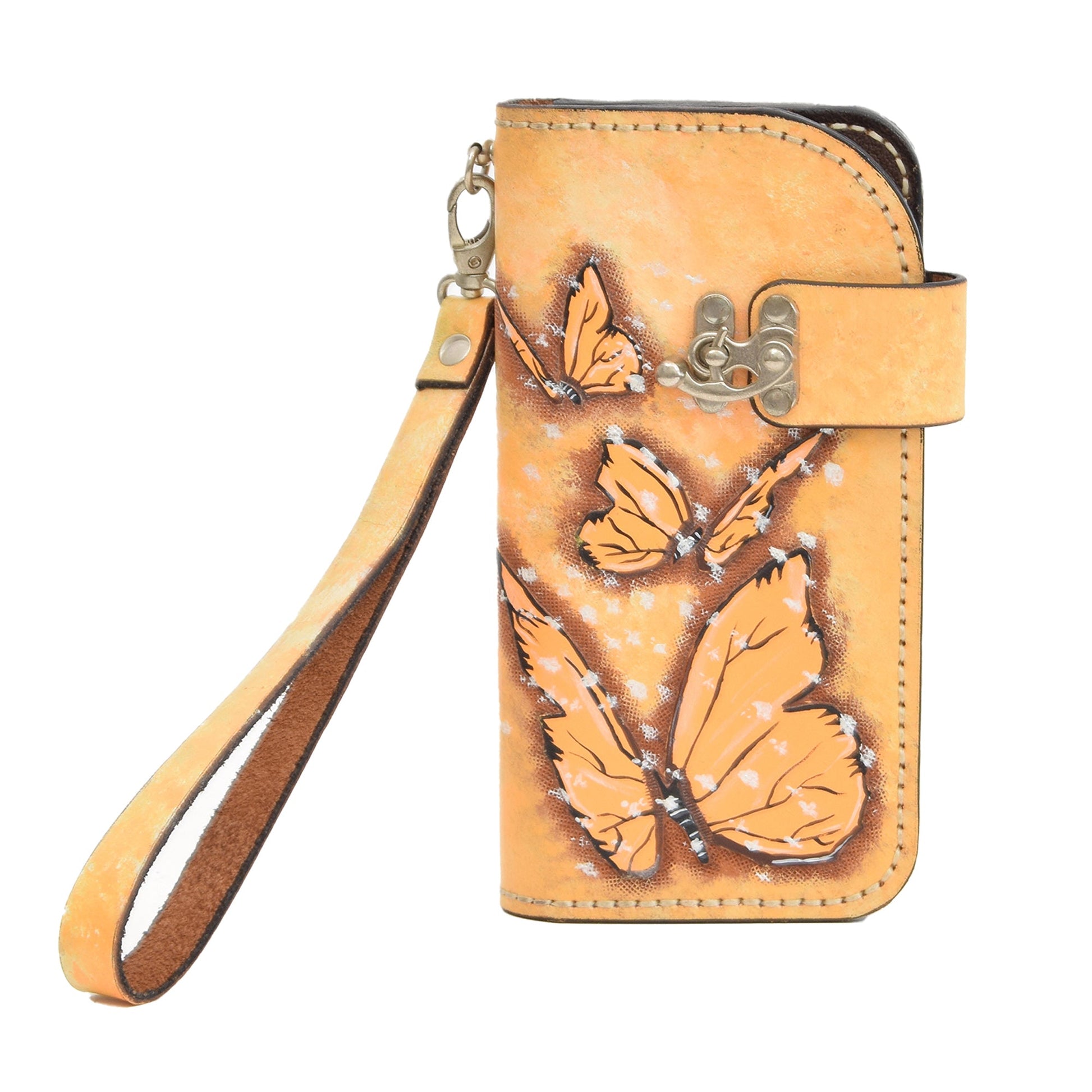 Yellow Leather Carved & Crafted Wallet Butterflys